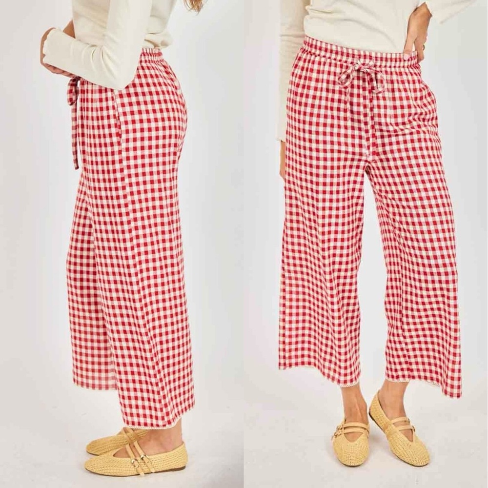 Red Gingham Wide Leg Drawstring Pants
